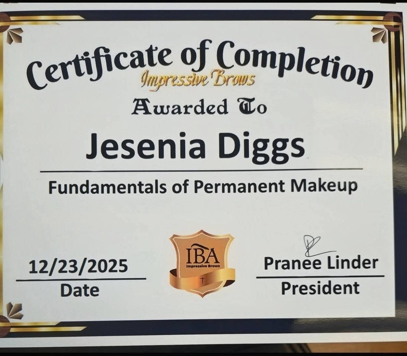Fundamentals of Permanent Makeup training certificate earned by Yesenia Diggs